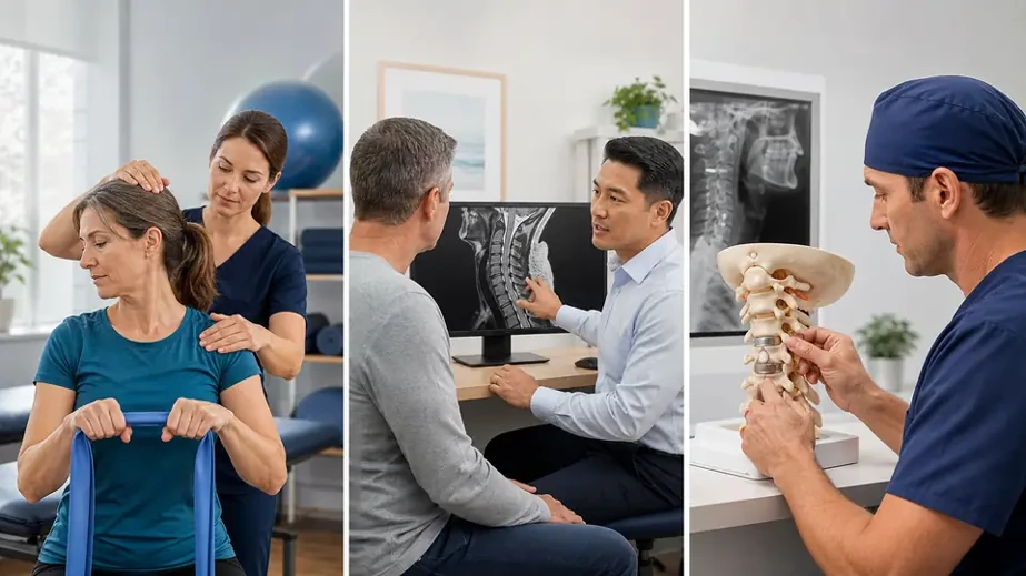 Physical therapy consultation imaging review and surgery for C3-C4 compression treatment