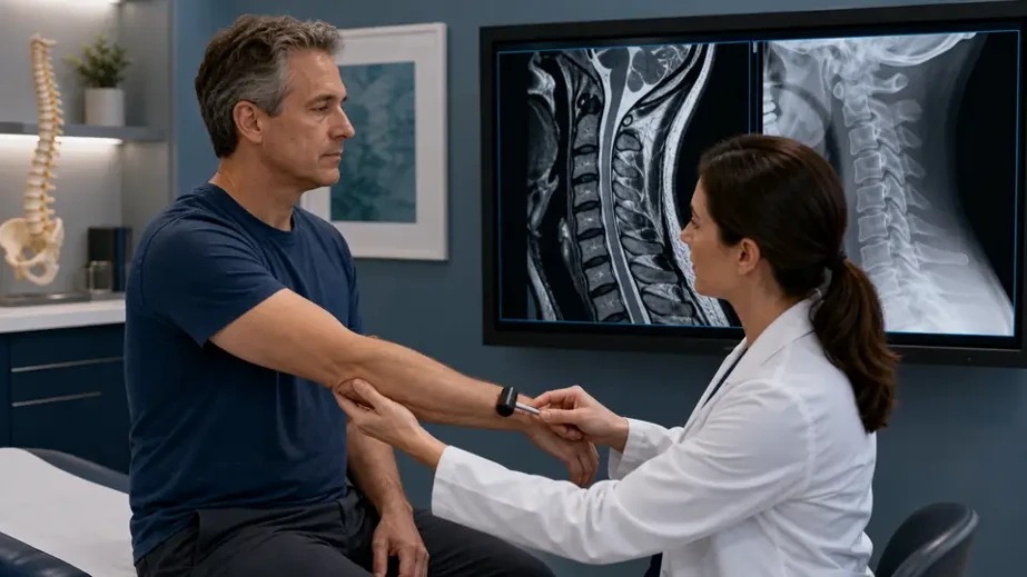 Clinician examining a patient and reviewing a cervical spine MRI for C3-C4 symptoms