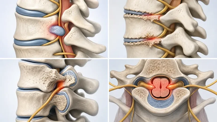 Illustrations of disc and bone changes causing C3-C4 nerve or spinal cord compression
