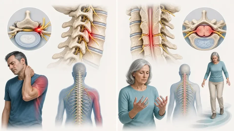 Illustration comparing C3-C4 nerve root symptoms spinal cord compression and balance problems