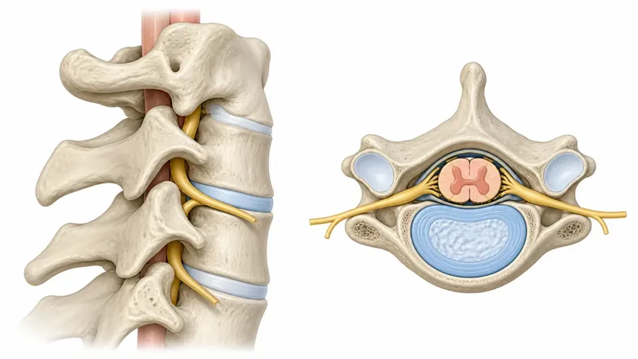 Anatomical illustration of the C3-C4 spinal segment nerve roots and spinal cord