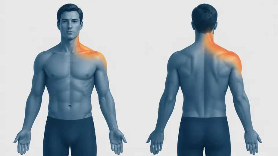 Front and back views showing neck trapezius and upper shoulder symptoms from C4 nerve compression
