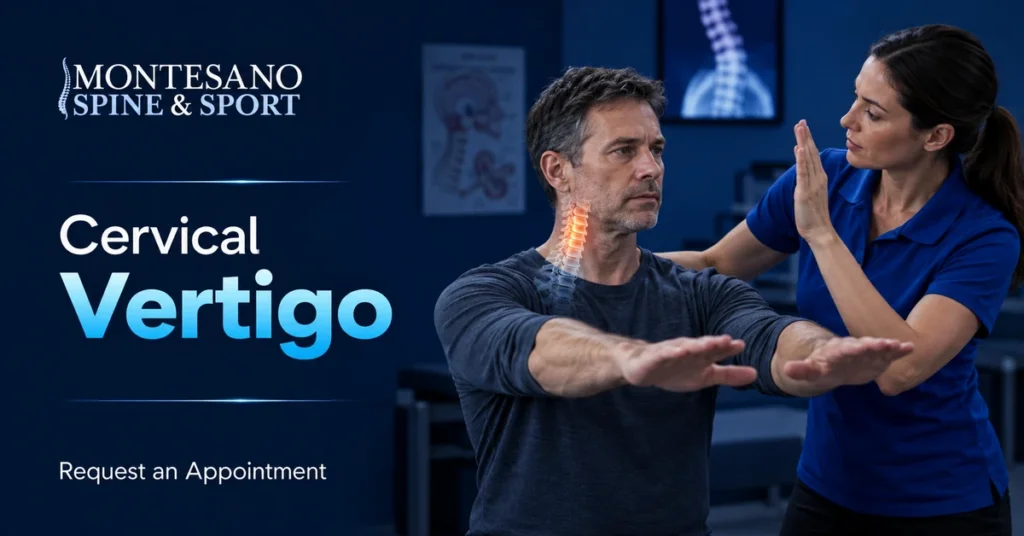 Clinician assessing balance and neck movement for cervical vertigo