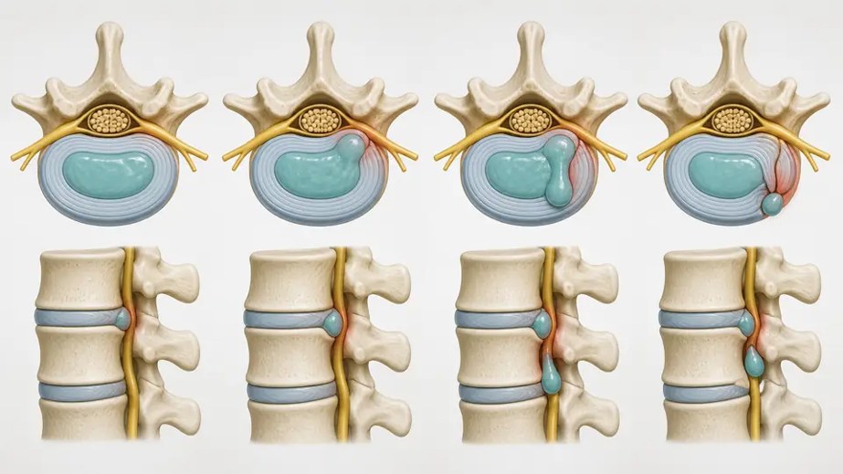 Medical illustration comparing disc bulge, protrusion, extrusion, and sequestration