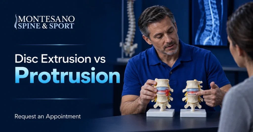 Spine specialist comparing disc extrusion and protrusion