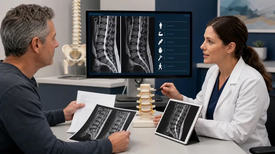 Doctor discussing lumbar MRI results and a spine model with a patient