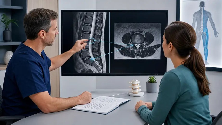 Doctor explaining lumbar MRI findings and nerve compression to a patient