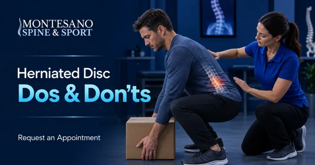 Physical therapist demonstrating safe movement for herniated disc pain