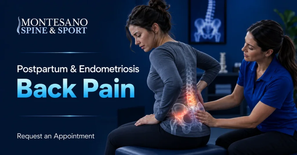 Clinician assessing postpartum spinal and endometriosis-related back pain