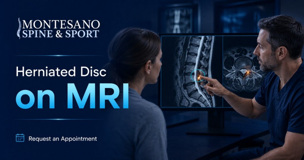 Spine specialist reviewing a herniated disc on MRI with a patient
