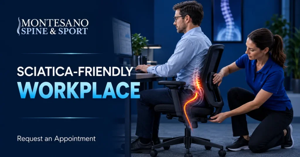 Ergonomic workstation setup designed to reduce sciatica discomfort