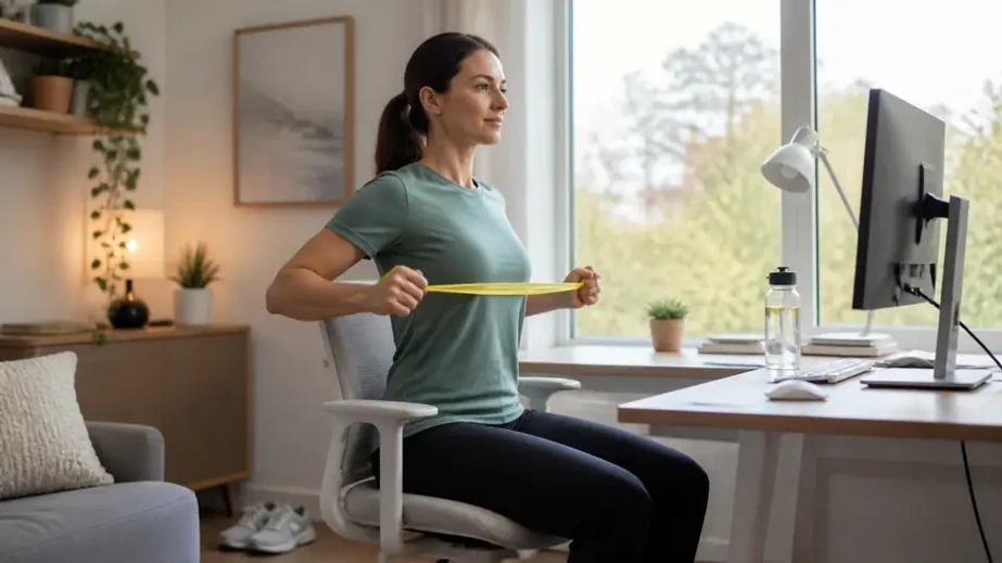 Person exercising beside an eye-level monitor for neck health and recovery