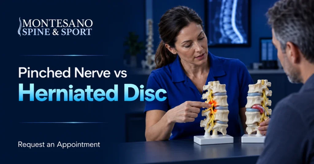 Clinician comparing a pinched nerve and herniated disc