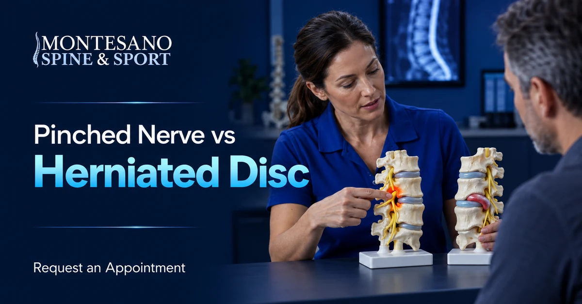 Clinician comparing a pinched nerve and herniated disc