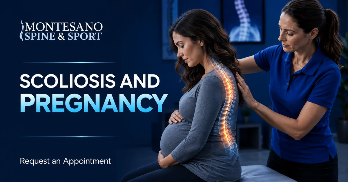 Pregnant woman discussing scoliosis and back care with a spine specialist