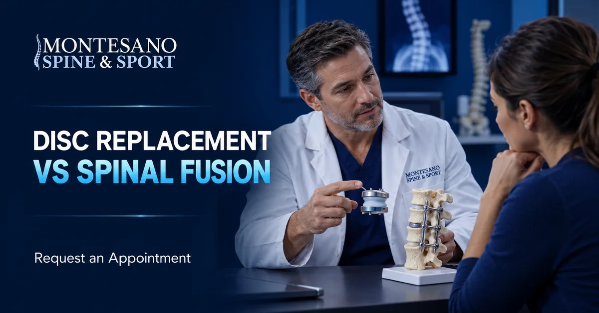 Spine surgeon comparing disc replacement and spinal fusion treatment options