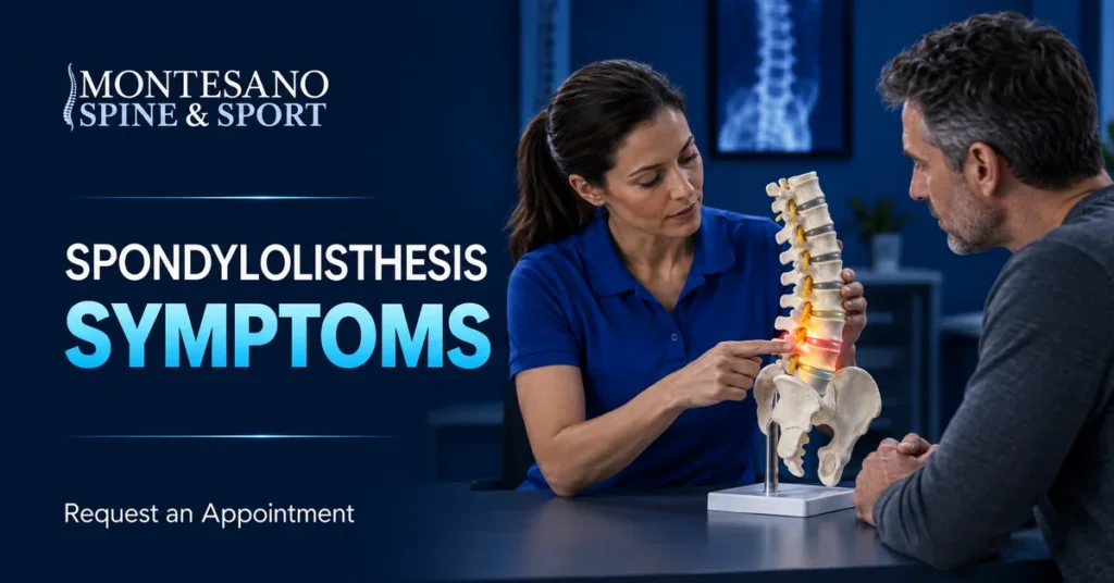 Medical illustration highlighting symptoms of lumbar spondylolisthesis