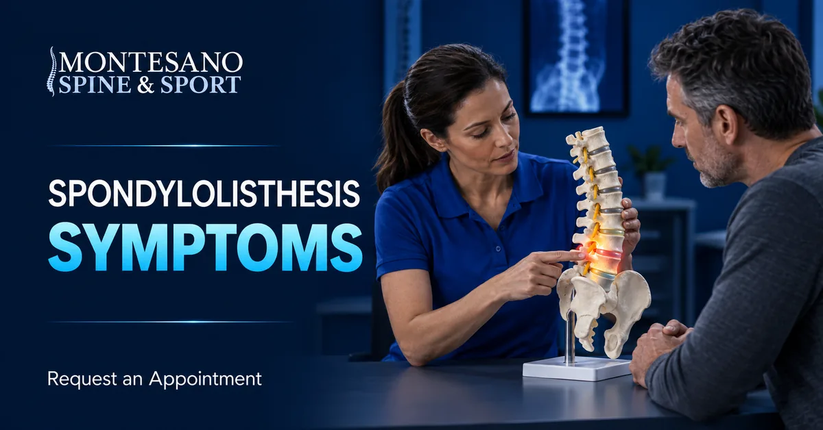 Medical illustration highlighting symptoms of lumbar spondylolisthesis