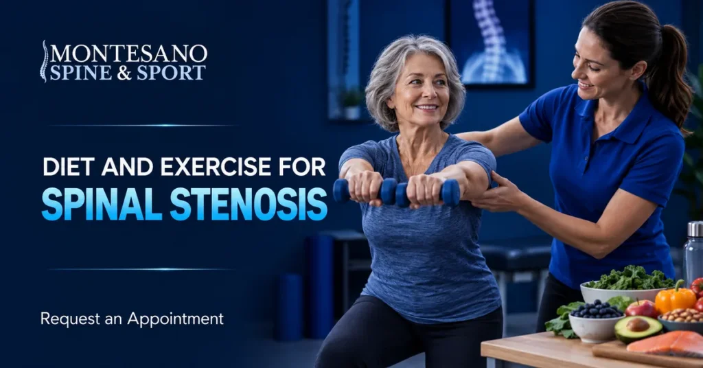 Healthy diet and guided exercise supporting spinal stenosis management
