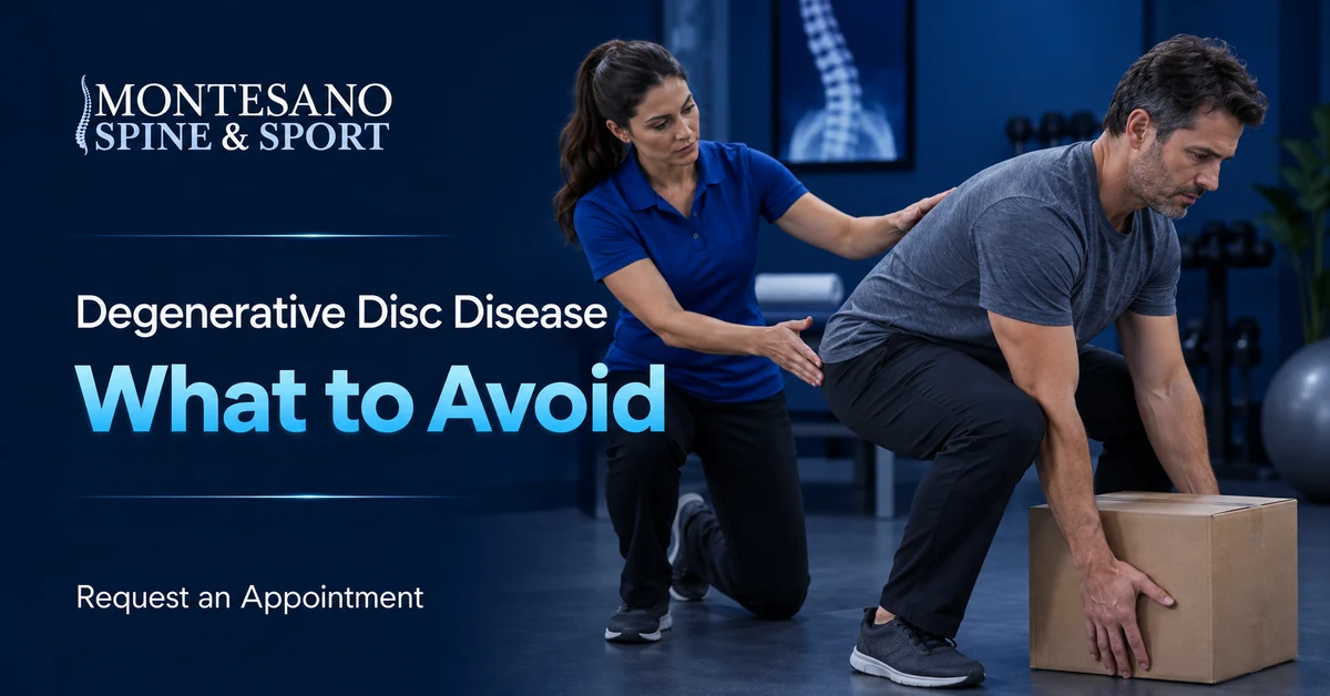 Therapist helping a patient avoid unsafe lifting with degenerative disc disease