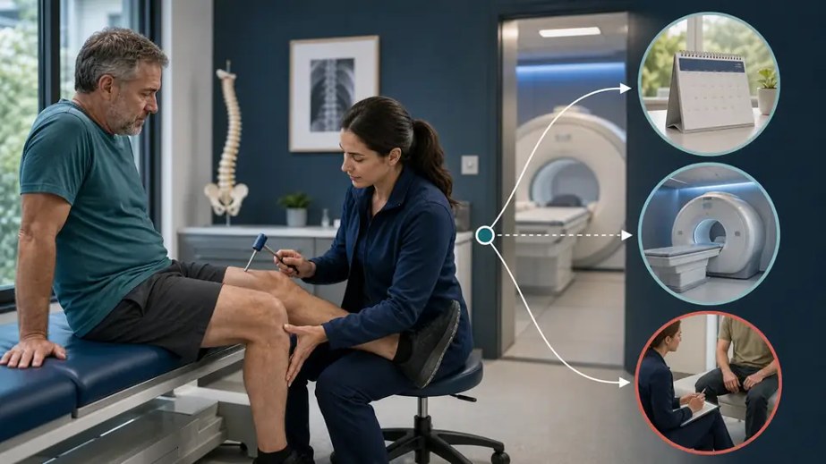 Clinician examining a patient before deciding whether lumbar MRI is needed