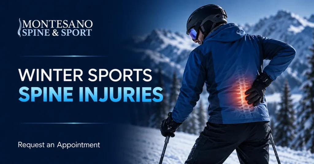 Winter athlete protecting the spine while skiing