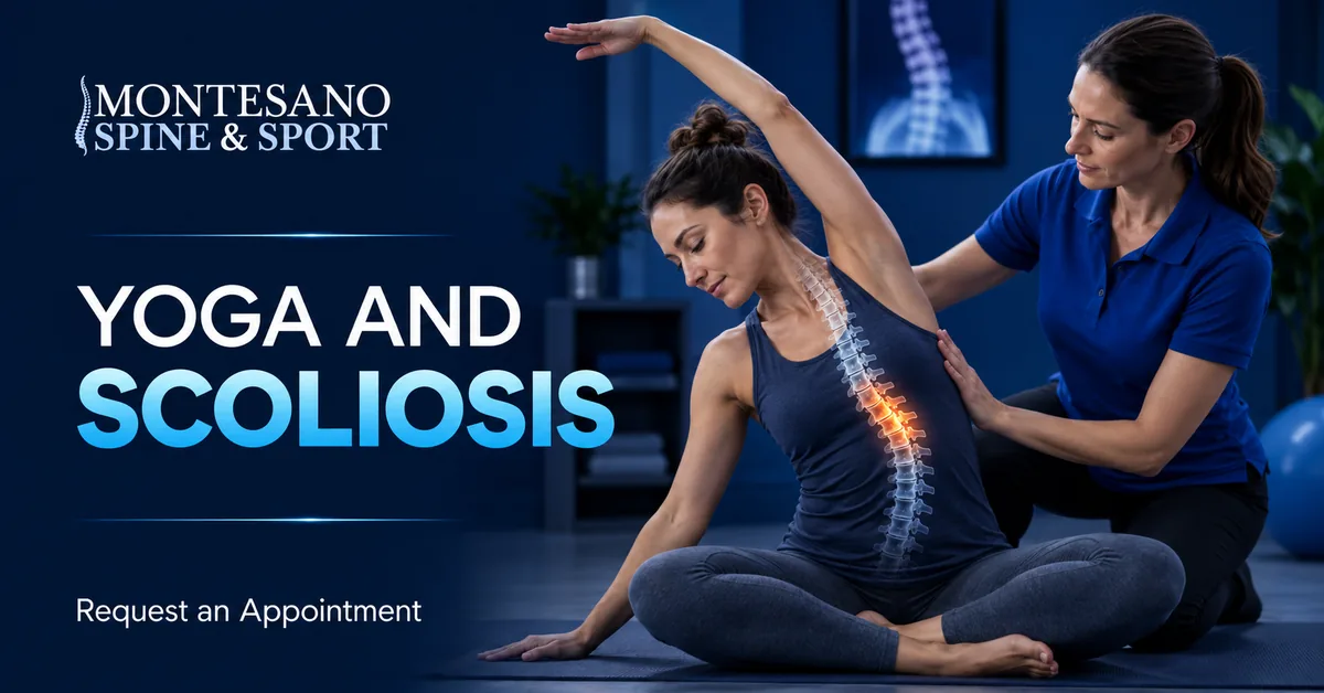 Woman practicing a gentle yoga pose to support scoliosis management