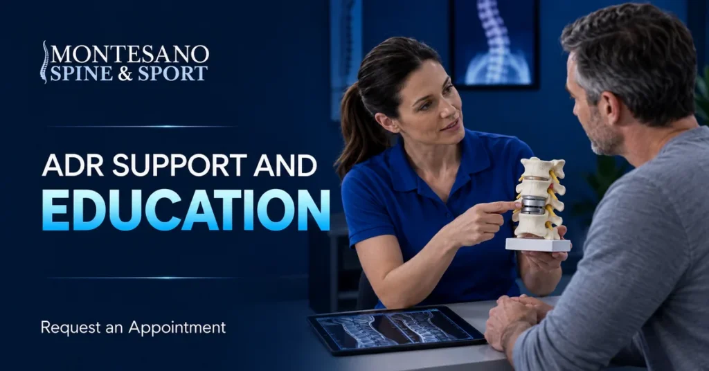 Spine-care educator explaining artificial disc replacement support to a patient