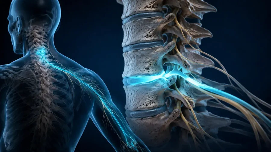 Anatomical illustration highlighting the C6-C7 disc and C7 nerve root
