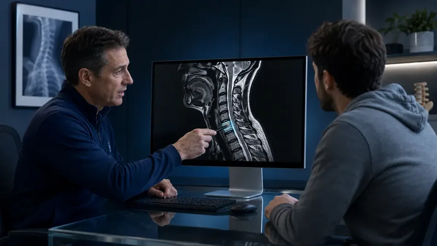 Spine specialist reviewing a cervical MRI with a patient