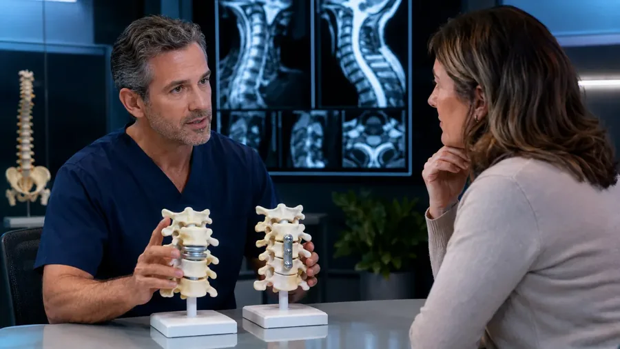 Surgeon comparing an artificial cervical disc with a fusion construct