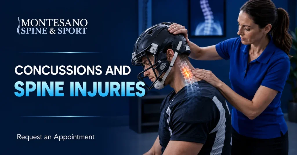 Sports medicine specialist assessing an athlete for concussion and spine injury