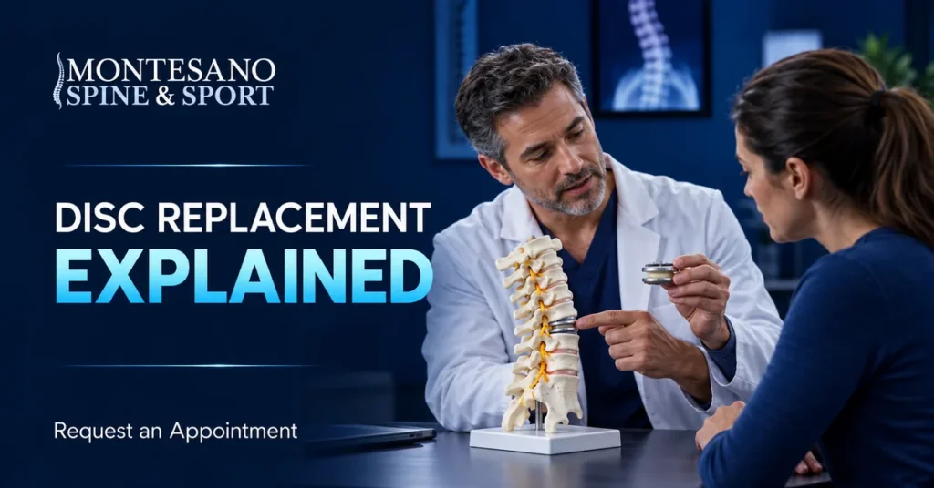 Spine surgeon explaining disc replacement with an artificial disc implant