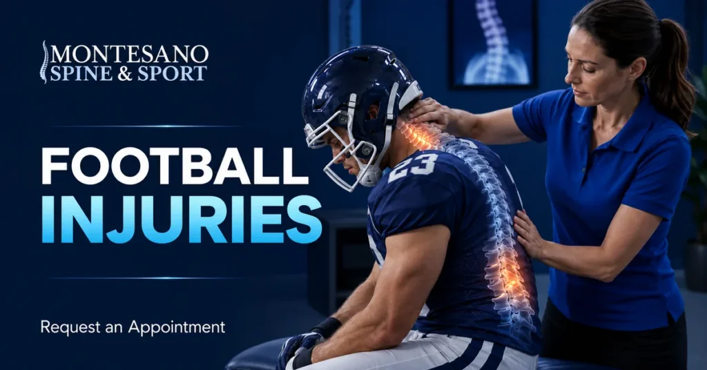 Sports medicine specialist assessing a football player for neck and spine injuries
