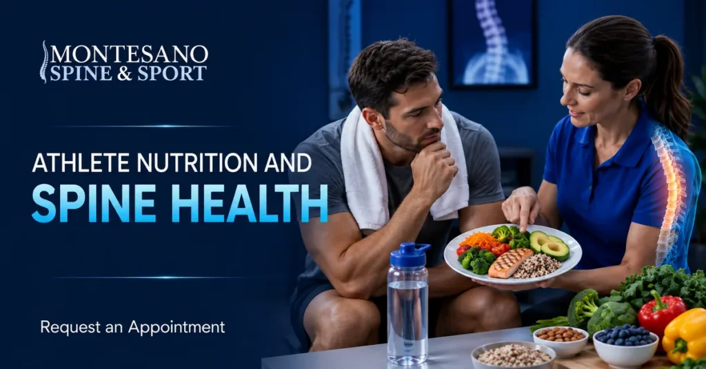 Sports nutrition specialist discussing foods that support an athlete’s spinal health