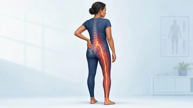 Adult with a translucent lumbar spine and sciatic nerve pathway highlighted from the lower back through one leg.
