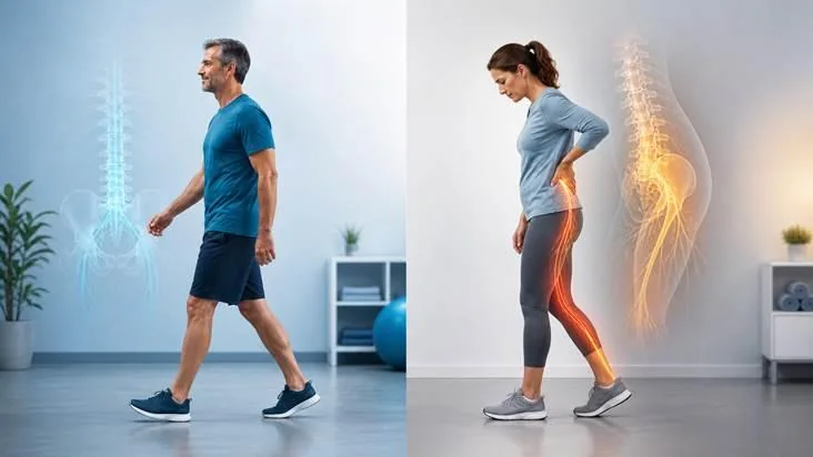 Two adults contrasting comfortable walking with cautious standing due to radiating leg discomfort and weakness.