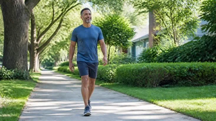 Adult walking at an easy pace on a neighborhood path during graded sciatica recovery.