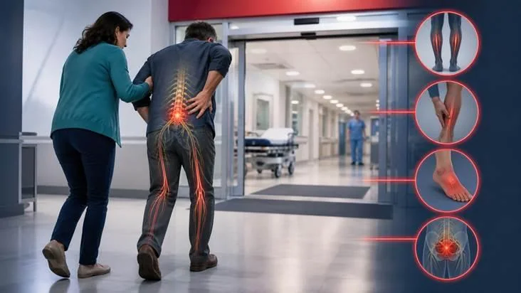 Adult with bilateral leg symptoms being supported while approaching urgent medical evaluation.