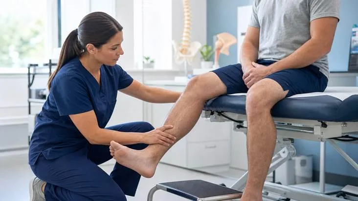 Clinician testing an adult patient's ankle strength and leg sensation during a neurologic examination.
