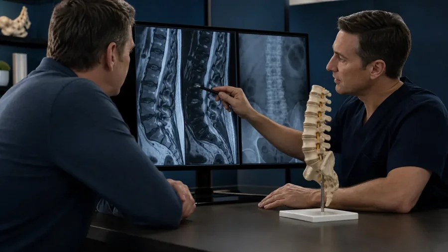 Patient and spine surgeon reviewing lumbar imaging