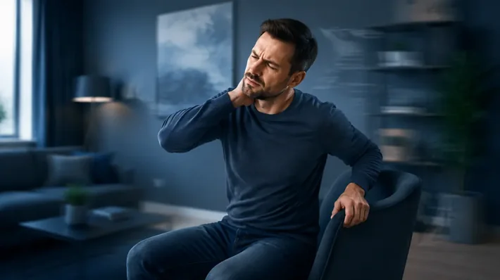 Adult with neck discomfort and dizziness holding a chair for balance