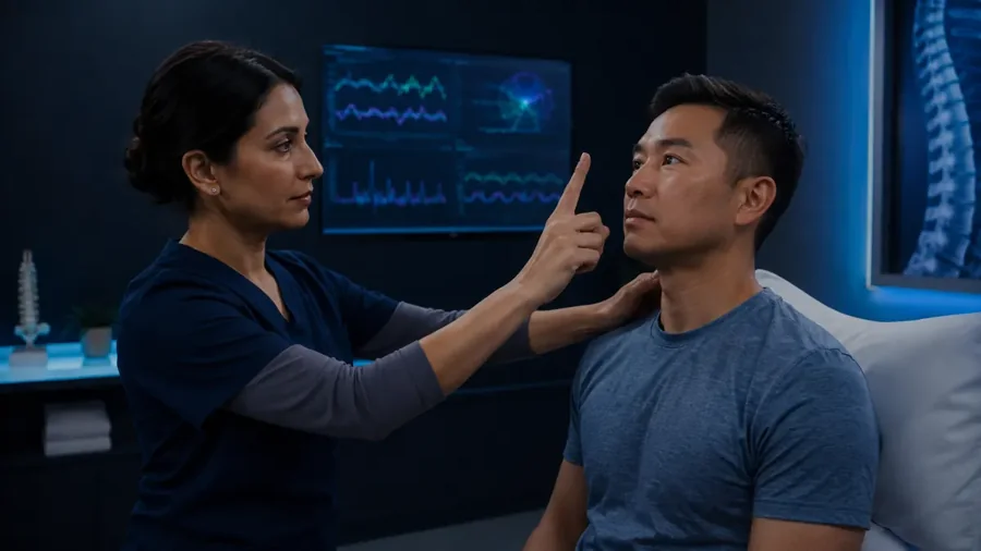 Clinician evaluating balance and eye movements in a patient with neck pain