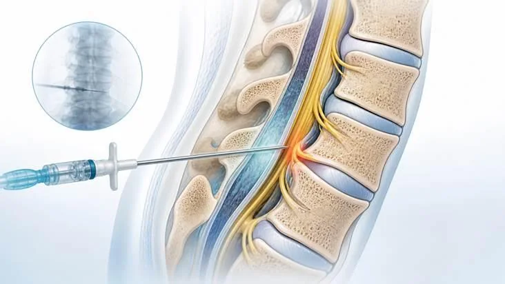 Side view of a lumbar spine with a guided needle approaching the epidural space near an irritated nerve root.