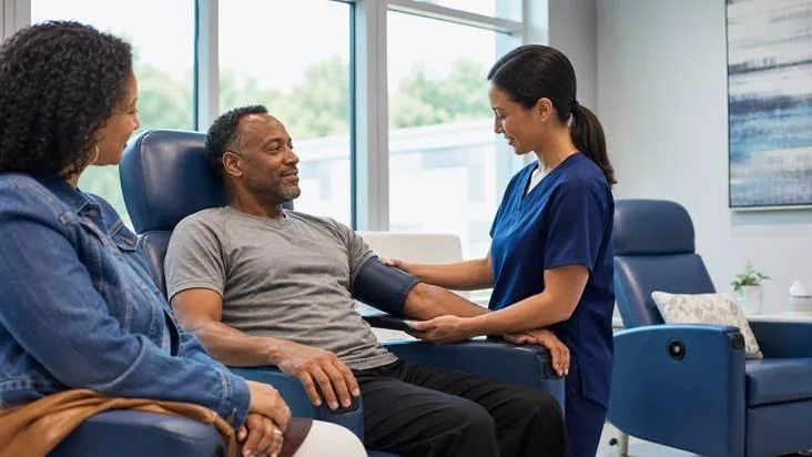 Adult resting after an outpatient injection while a nurse checks blood pressure and reviews aftercare.