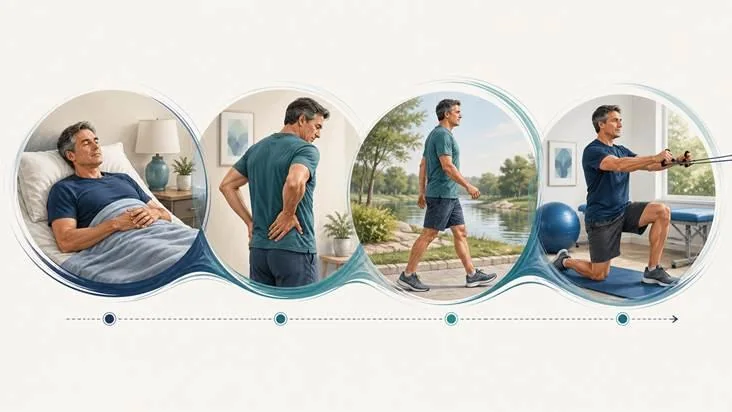 Four vignettes showing first-day rest, brief soreness, gradual walking, and return to physical therapy.