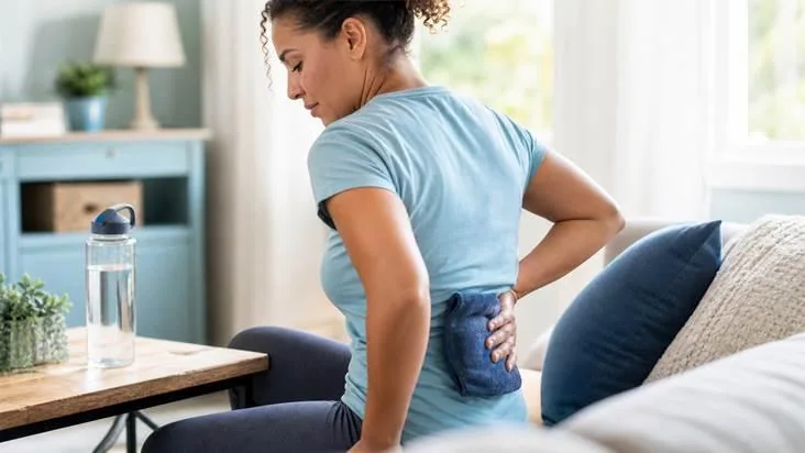 Adult using a wrapped cold pack on the lower back while resting at home after an injection.