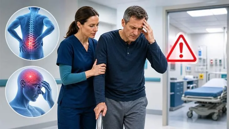 Adult with new leg weakness and severe positional headache being helped toward urgent medical evaluation.